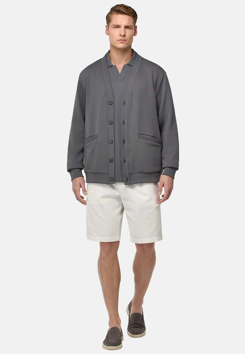 Cotton Blend Cardigan Sweatshirt, Charcoal, hi-res