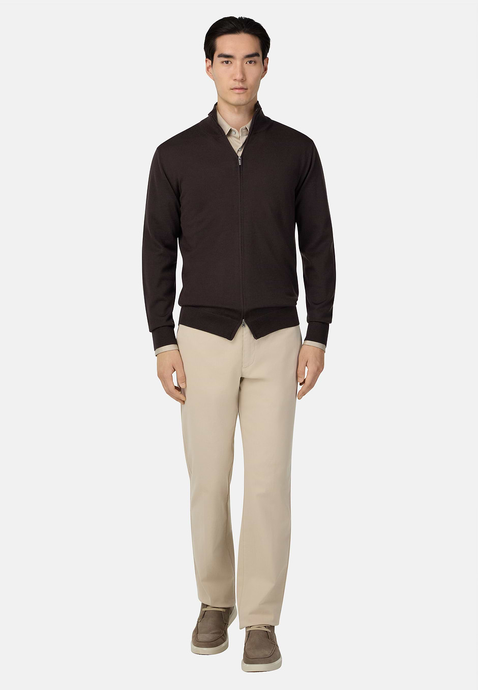 Merino Wool Full Zip Jumper, Dark brown, hi-res