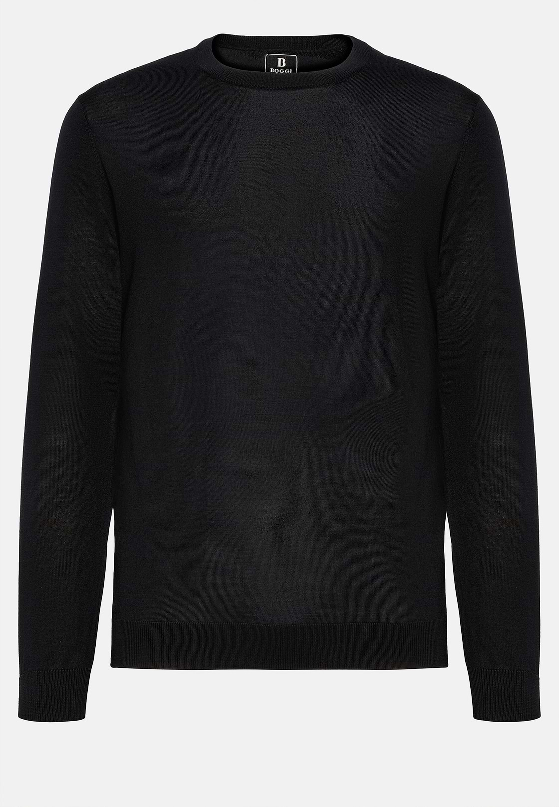 Black Crew Neck Jumper in Superfine Merino Wool, Black, hi-res