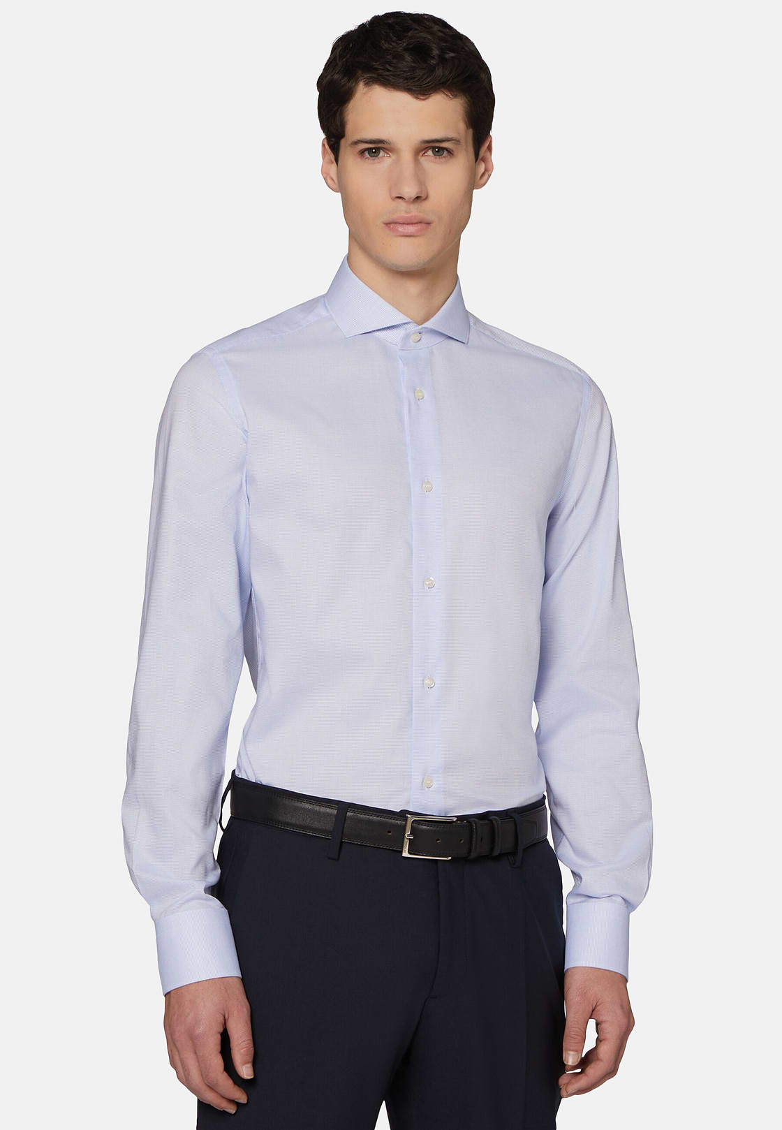 Camicia Azzurra In Cotone Dobby Slim Fit, Azzurro, hi-res