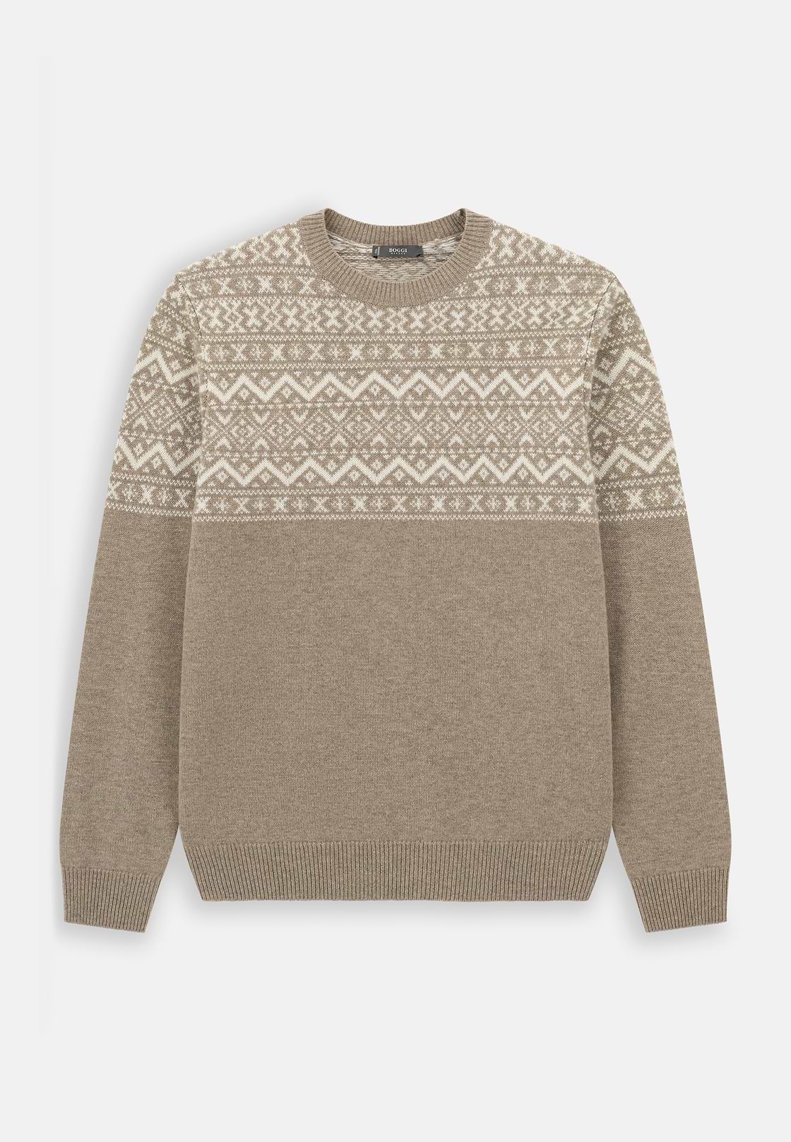 Crew Neck Jumper in Cashmere Wool Fair Isle Pattern, Beige, hi-res, 5