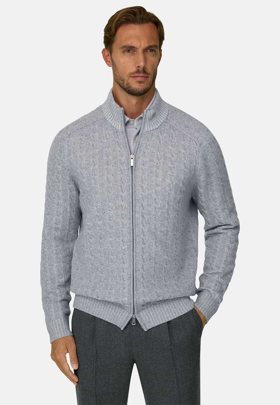 Roll Neck Jumper Full-Zip Cashmere Wool Plated, Grey, hi-res
