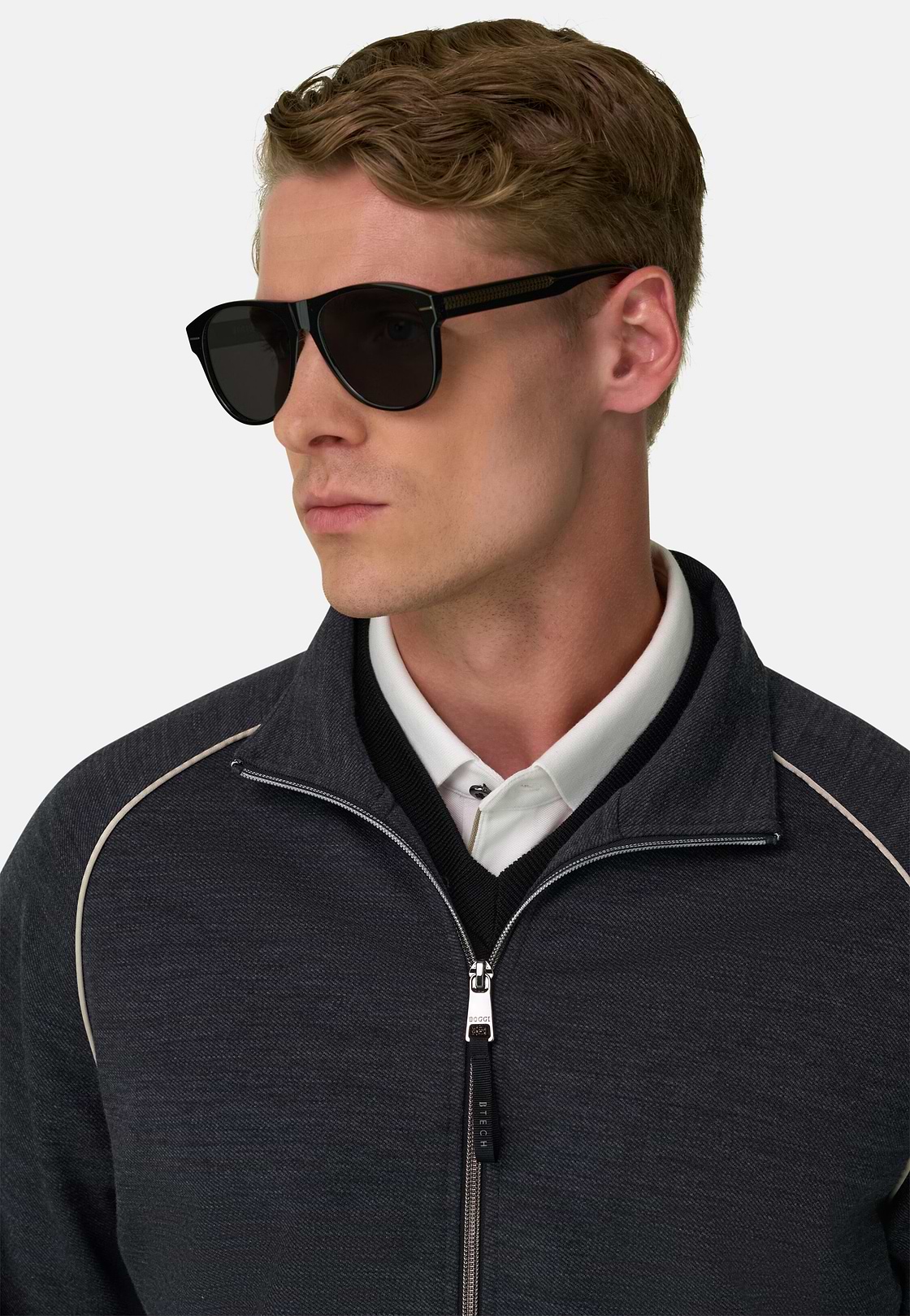 Full-Zip Sweatshirt in Wool Blend Diagonal, Charcoal, hi-res, 3