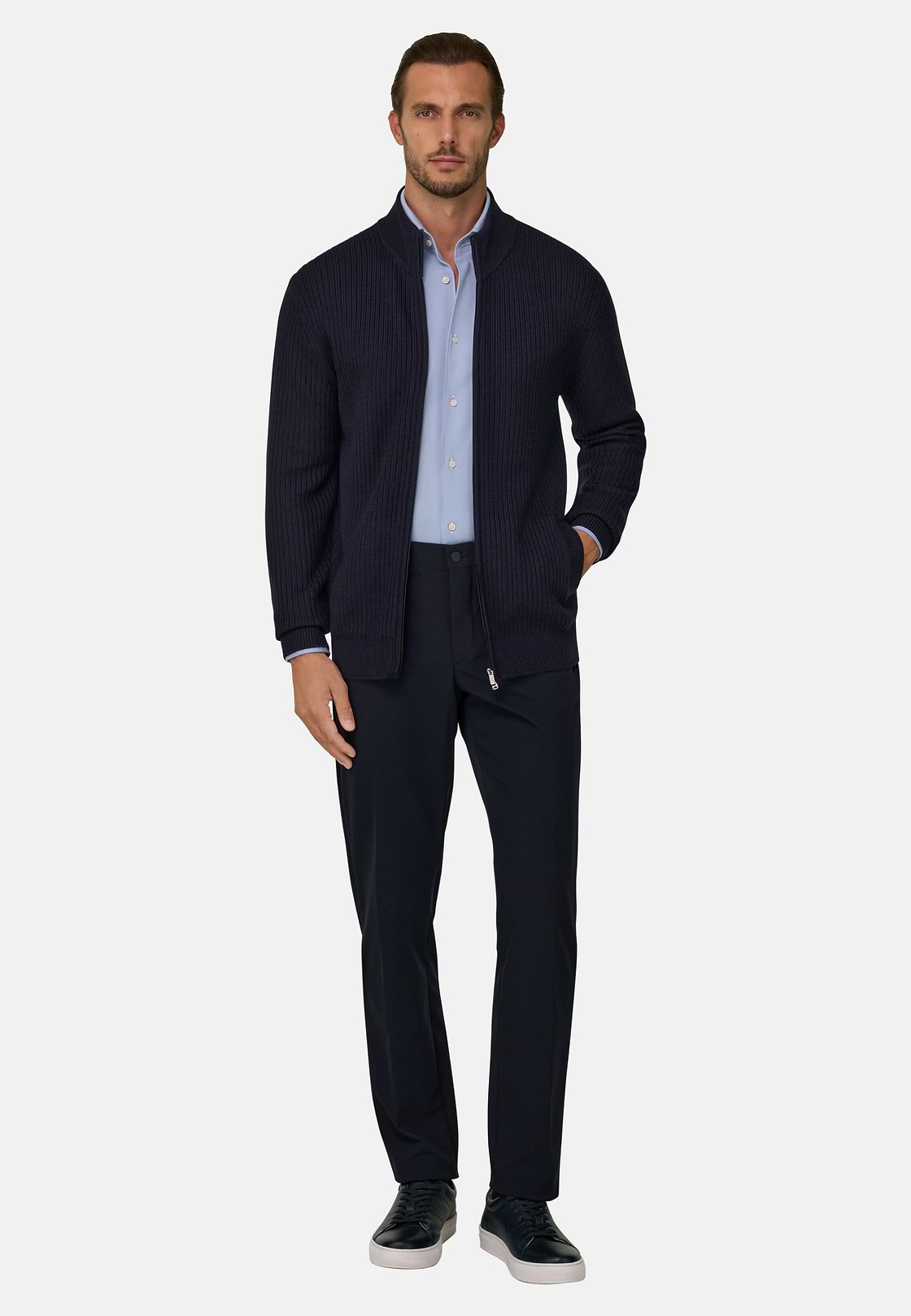 Full-Zip Jumper in Merino Wool, Navy blue, hi-res, 2
