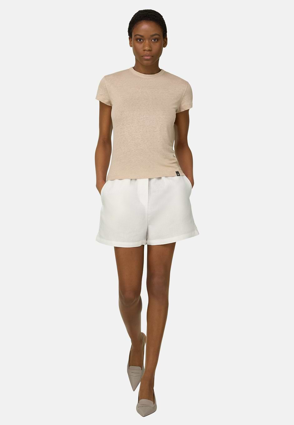 T-Shirt In Lino Elasticizzato, Sabbia, hi-res