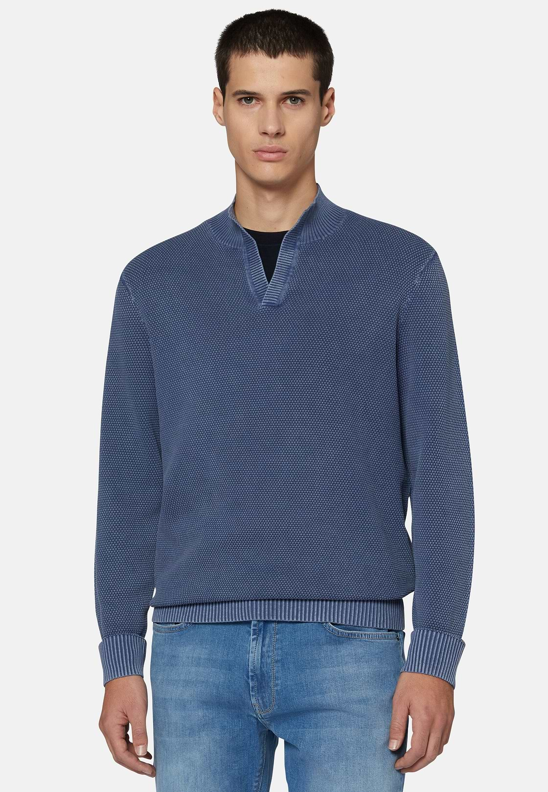 Pullover mit Offenem Kragen Indigo, Indigo, hi-res