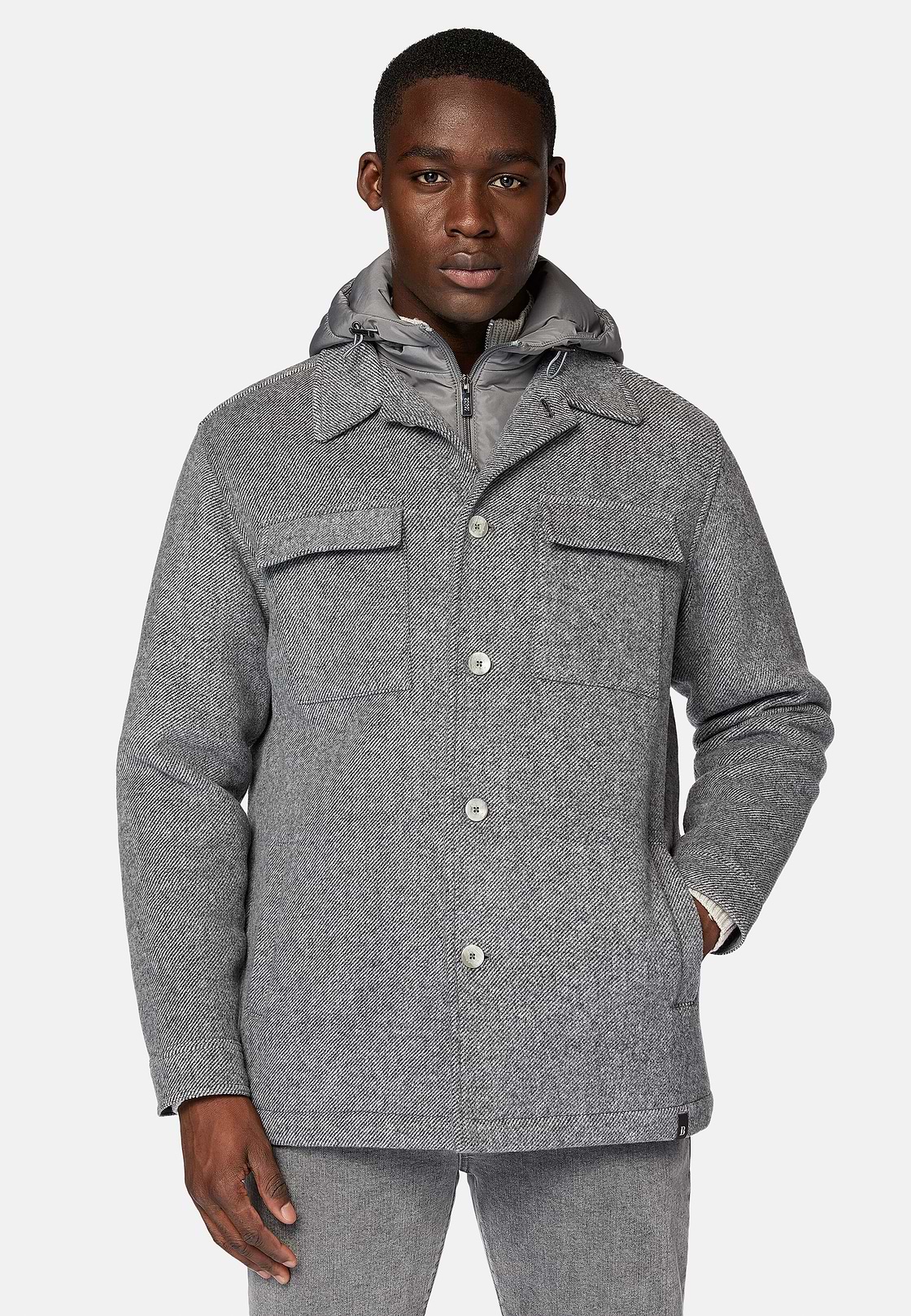 Blink Shirt Jacket In Wool With Bib, Grey, hi-res