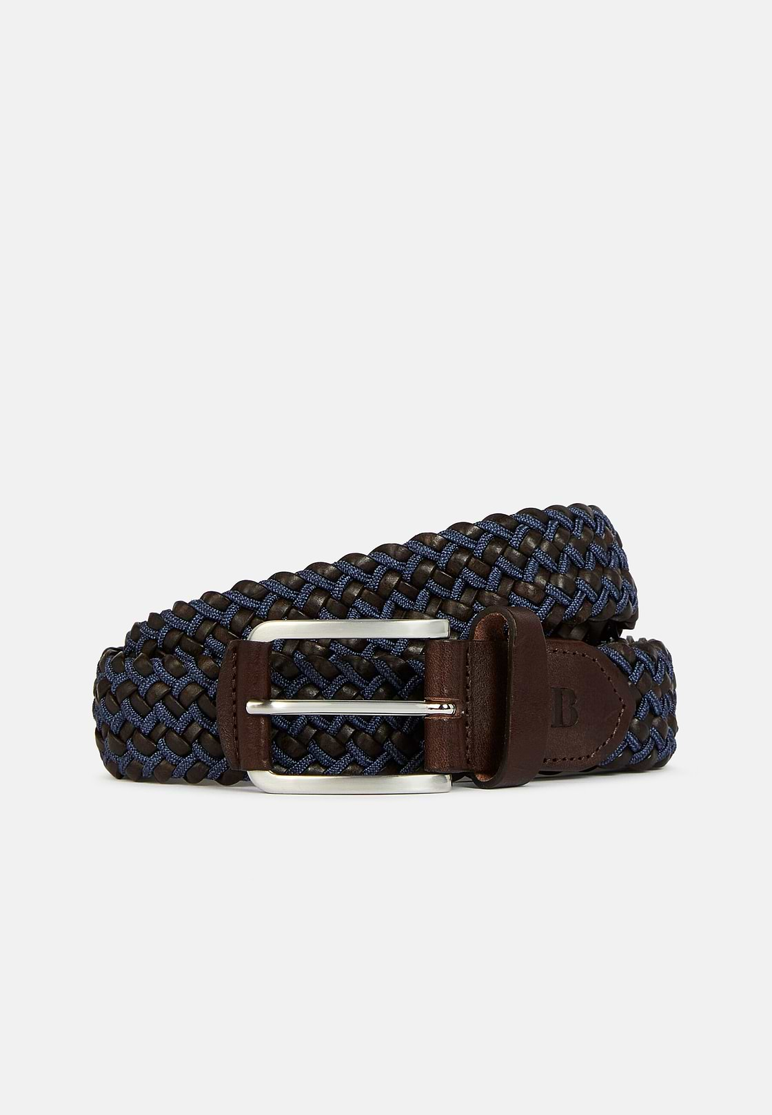 Stretch Leather/Fabric Woven Belt, Brown, hi-res