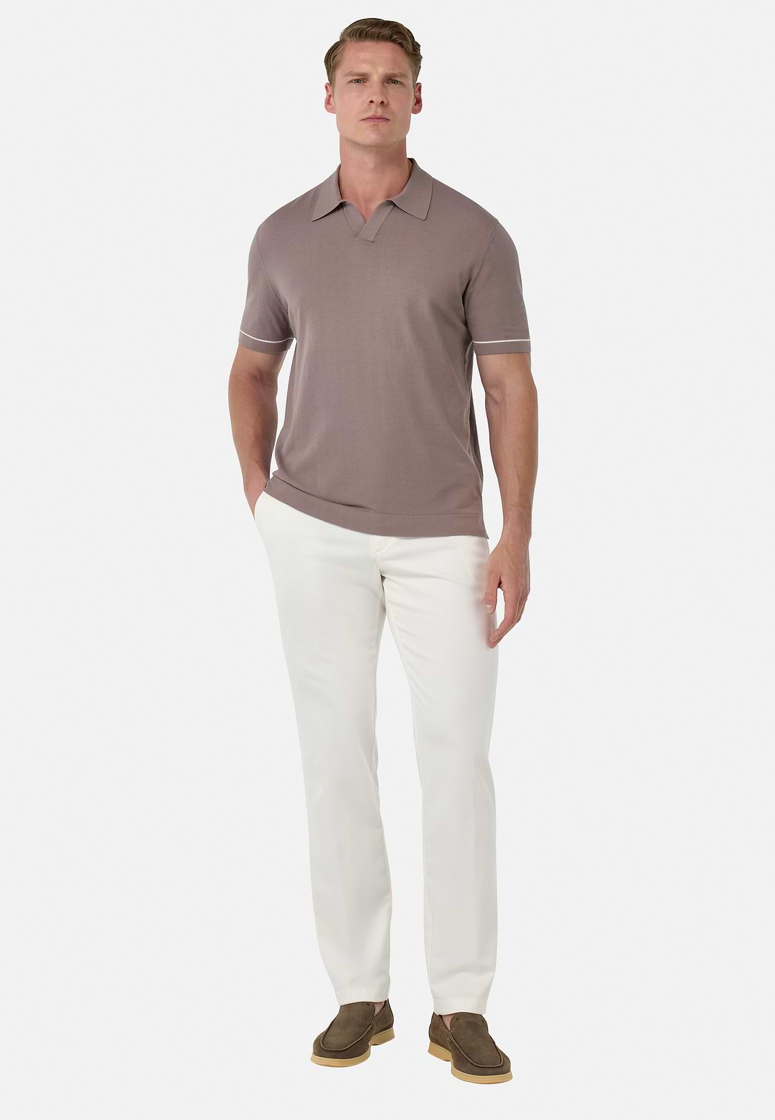 Cotton Crêpe Knit Polo Shirt, Taupe, hi-res