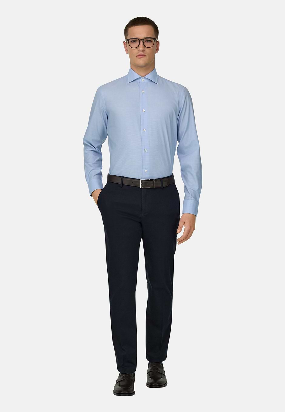 Chemise Pied-De-Poule En Coton Slim Fit, Bleu clair, hi-res