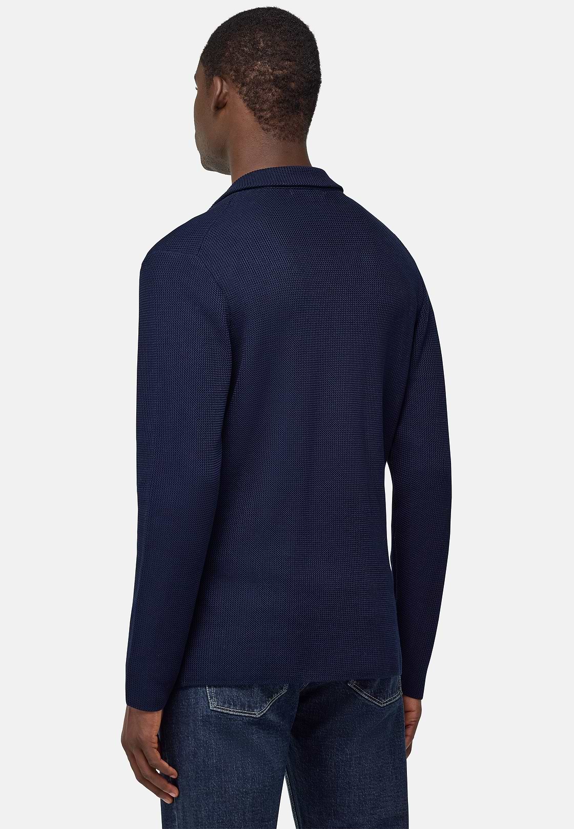 Double-Breasted Knitted Jacket in Cotton Crêpe, Navy blue, hi-res