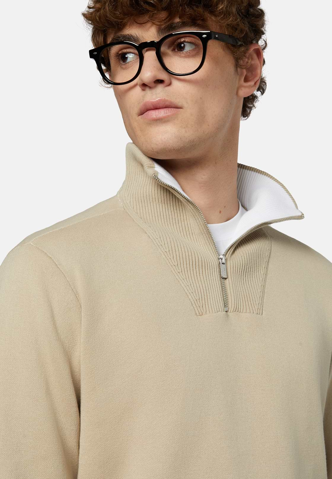 Beiger Pullover Aus Baumwolle Mit Halbem Reißverschluss, Beige, hi-res