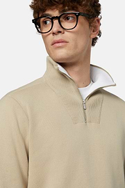 Beige Half Zip Cotton Jumper, Beige, hi-res