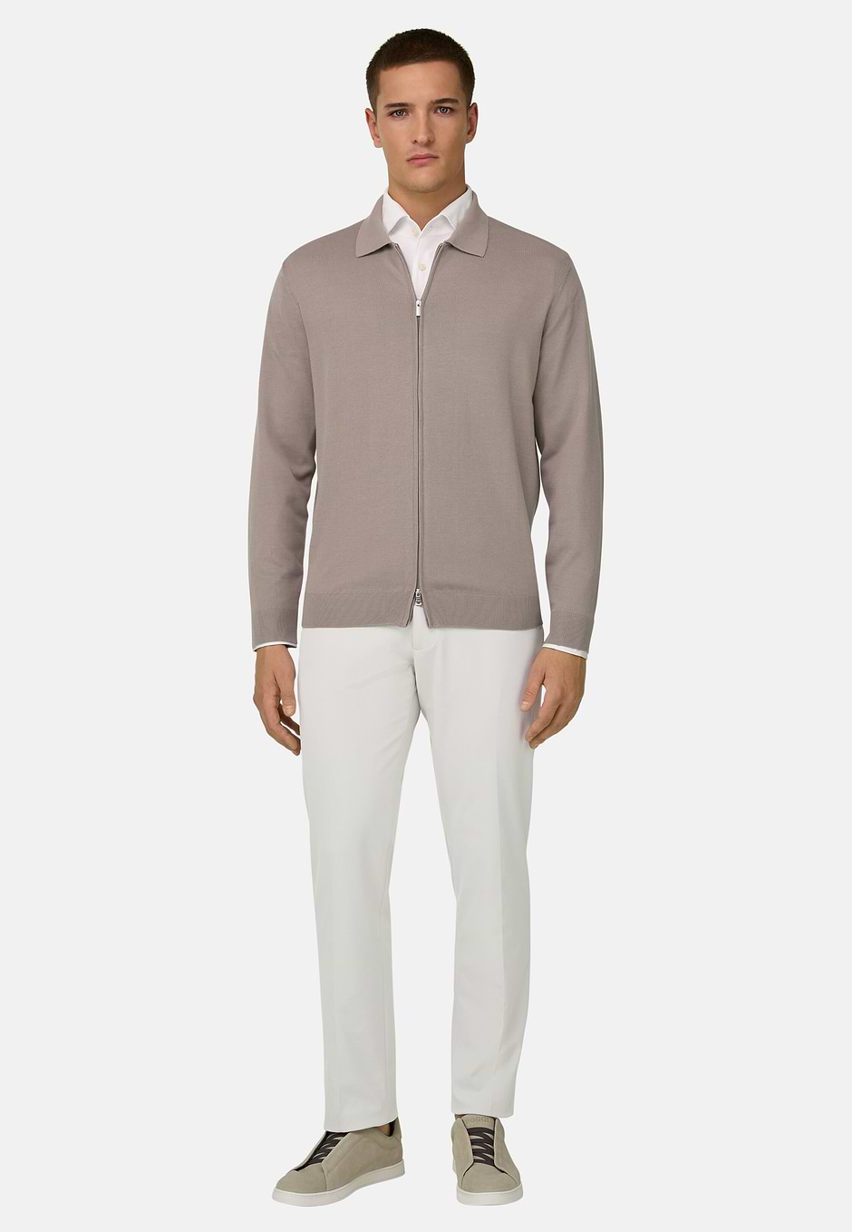 Cotton Full Zip Shirt Collar Sweater, Taupe, hi-res