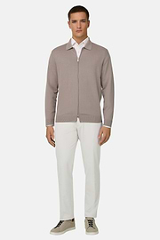 Cotton Full Zip Shirt Collar Sweater, Taupe, thumb, 2