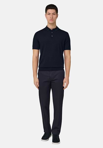 Koszulka polo dzianinowa z supercienkiej wełny, Navy blue, hi-res