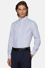 Chemise À Rayures Bleu Ciel En Coton Dobby Slim Fit, Bleu clair, hi-res