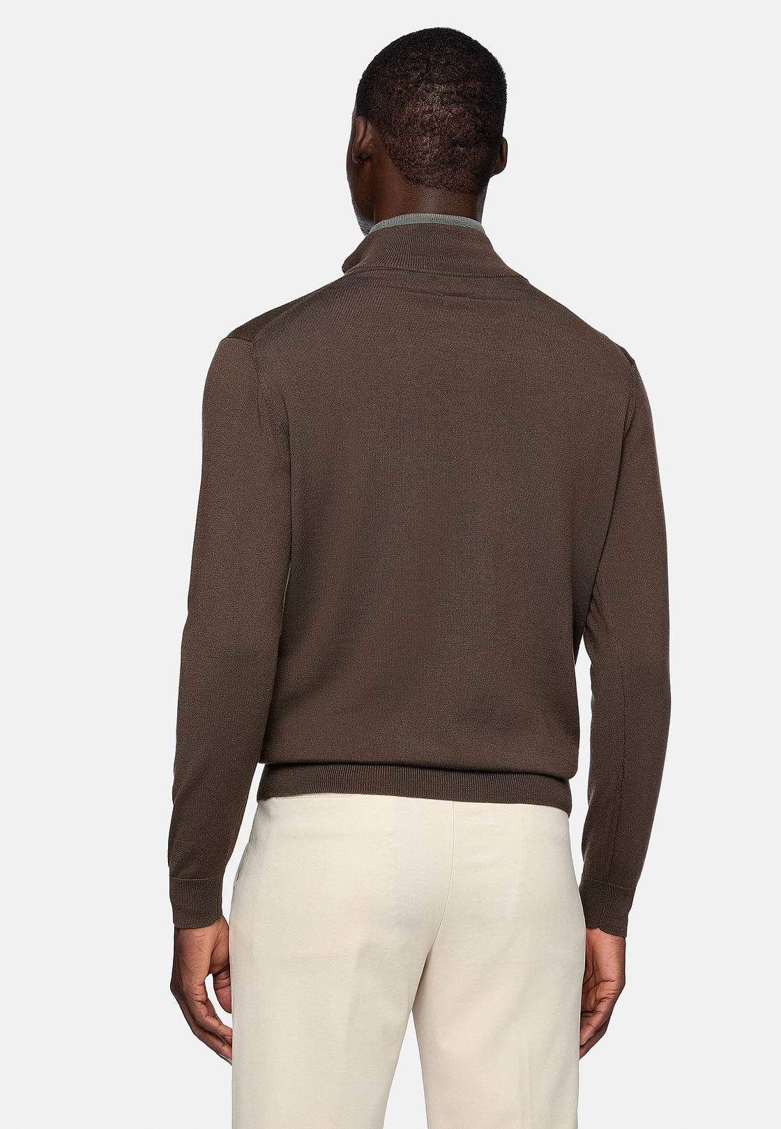 Brown Merino Wool Half-Zip Jumper, Brown, hi-res