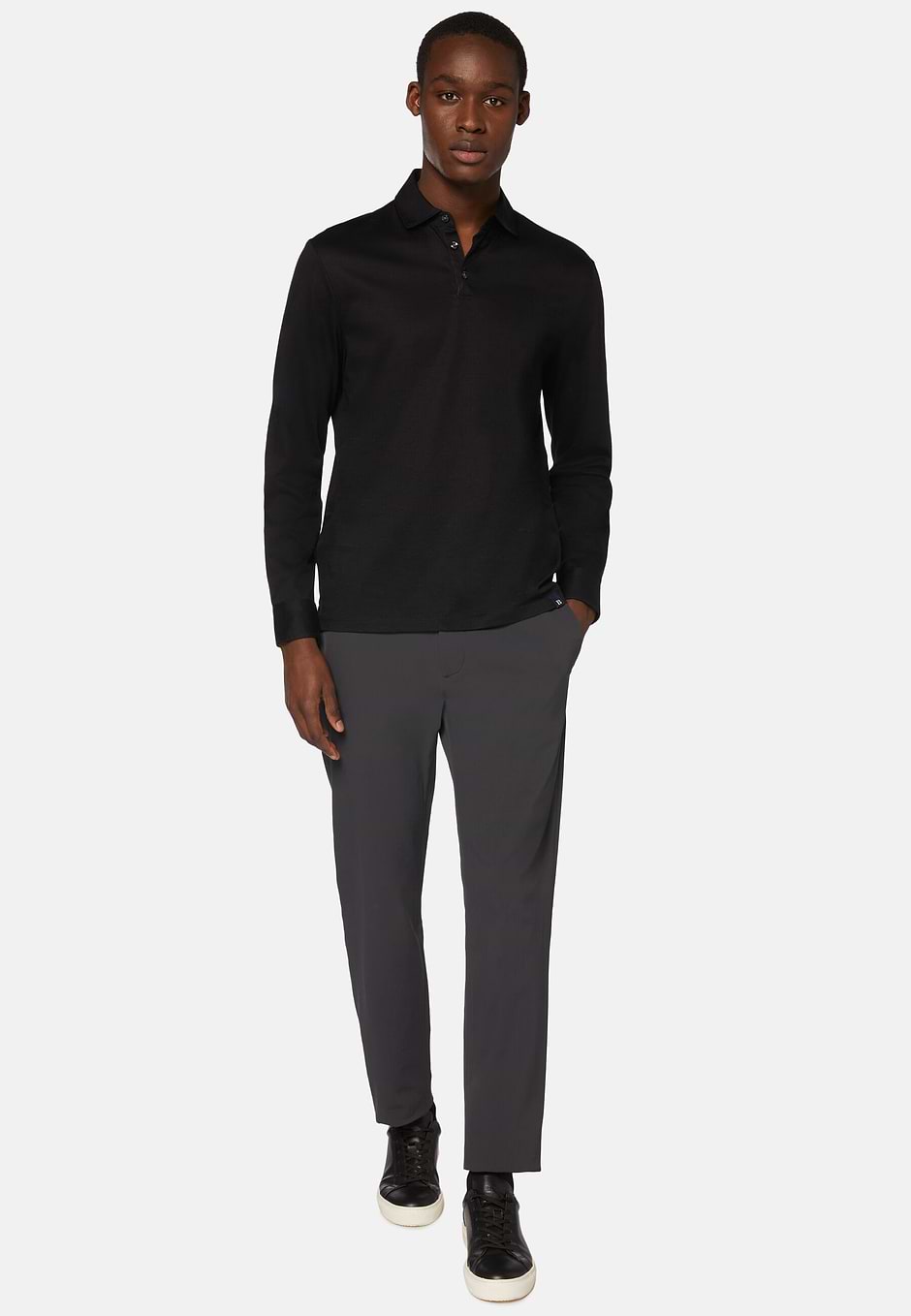 Long Sleeved Regular Fit Polo Shirt In Pima Cotton Jersey, Black, hi-res