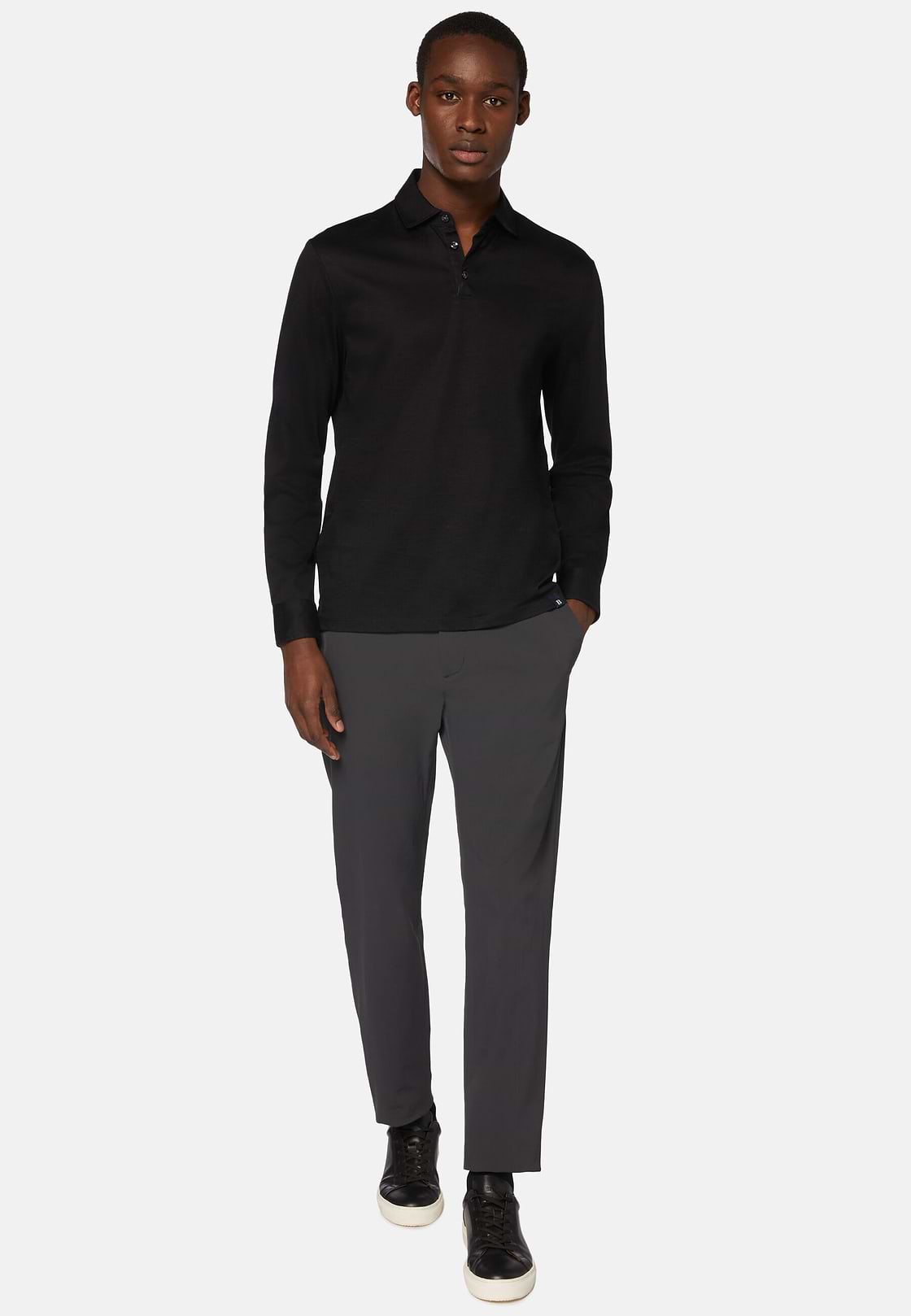 Polo In Jersey Di Cotone Pima Regular Fit Manica Lunga, Nero, hi-res