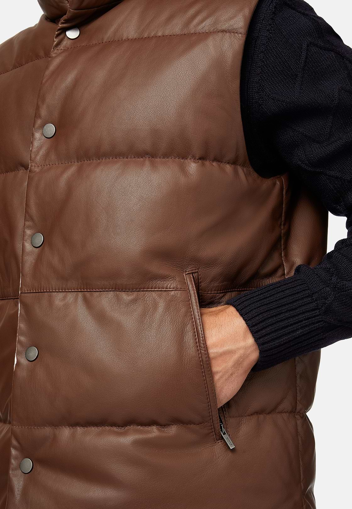 Genuine Leather Gilet With Down Padding, Brown, hi-res