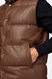 Genuine Leather Gilet With Down Padding, Brown, hi-res