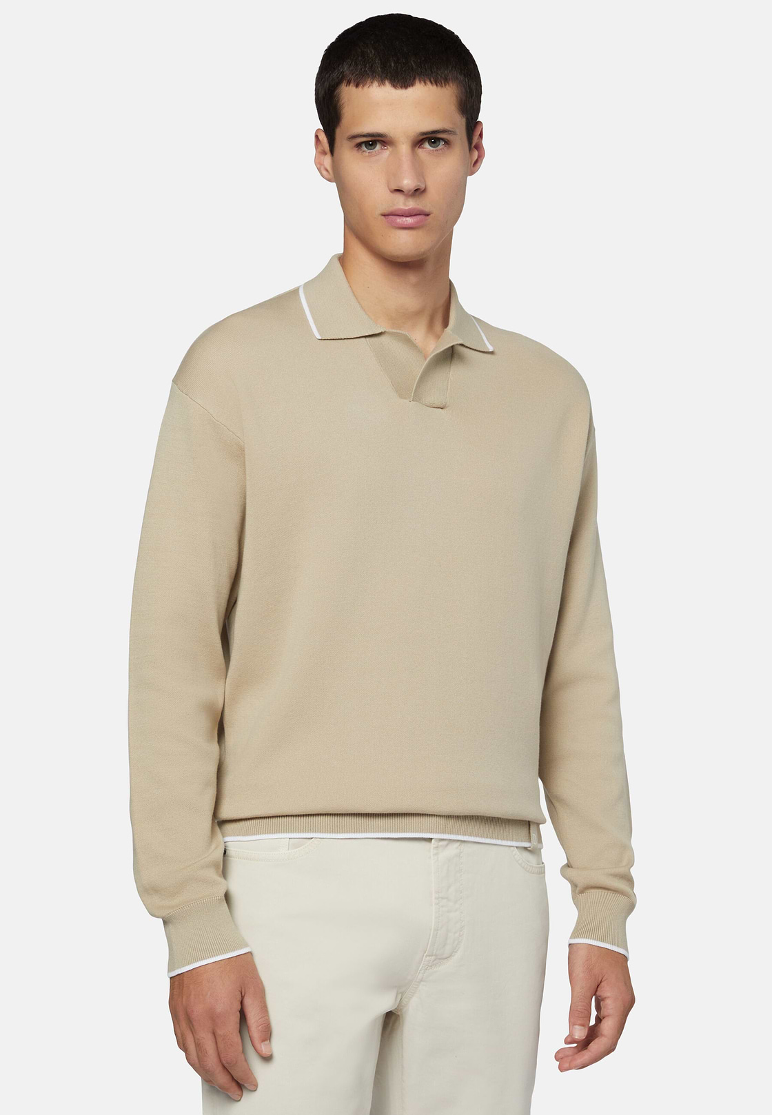 Beige Cotton Open Neck Polo Jumper, Beige, hi-res