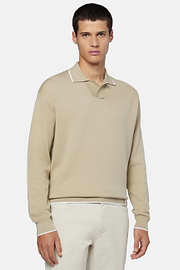 Beige Cotton Open Neck Polo Jumper, Beige, hi-res