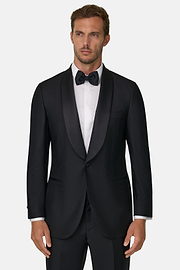 Black Wool Tuxedo Jacket with Shawl Collar, Black, thumb, 1