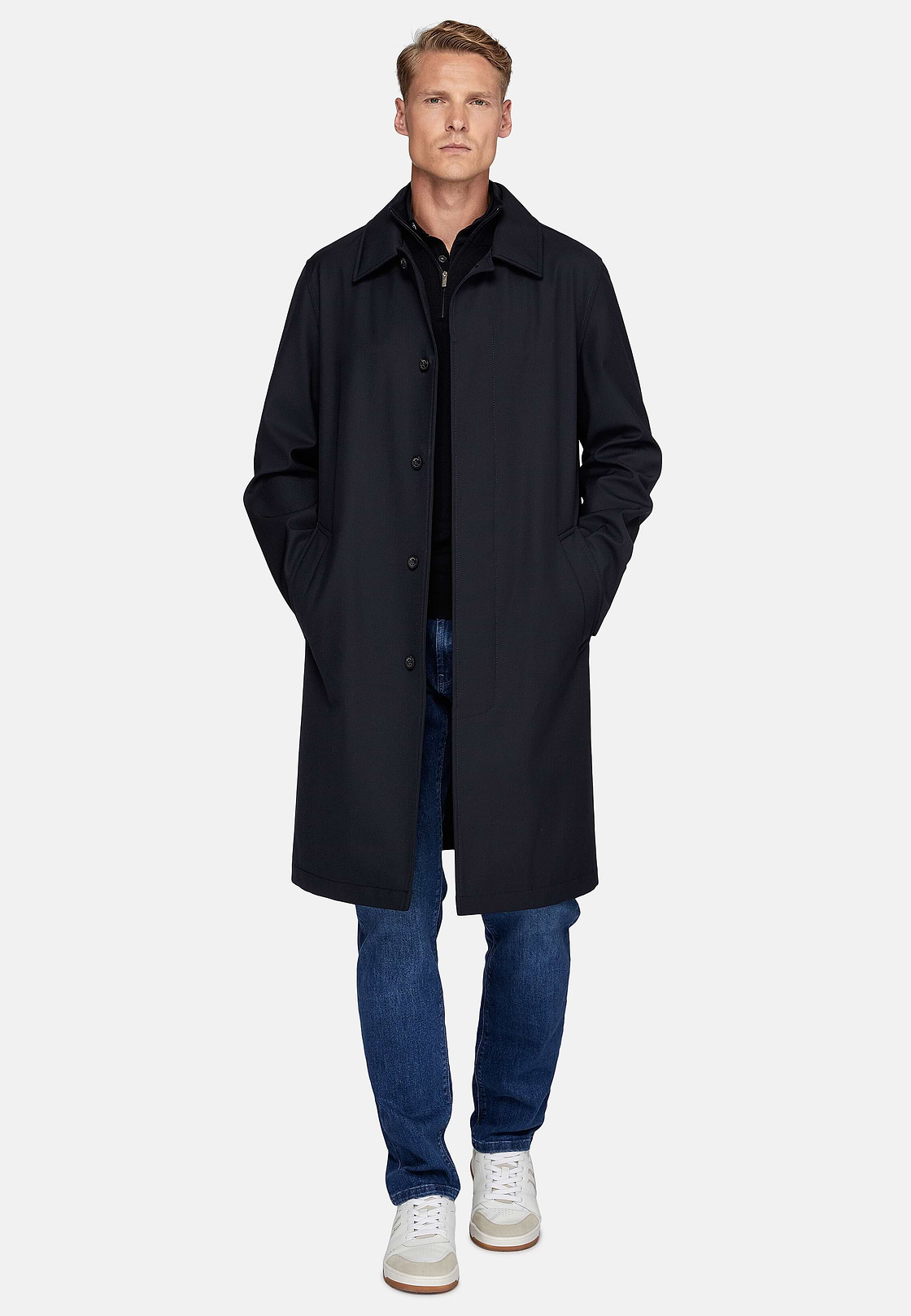 Pea coat van technische wol, Navy blue, hi-res