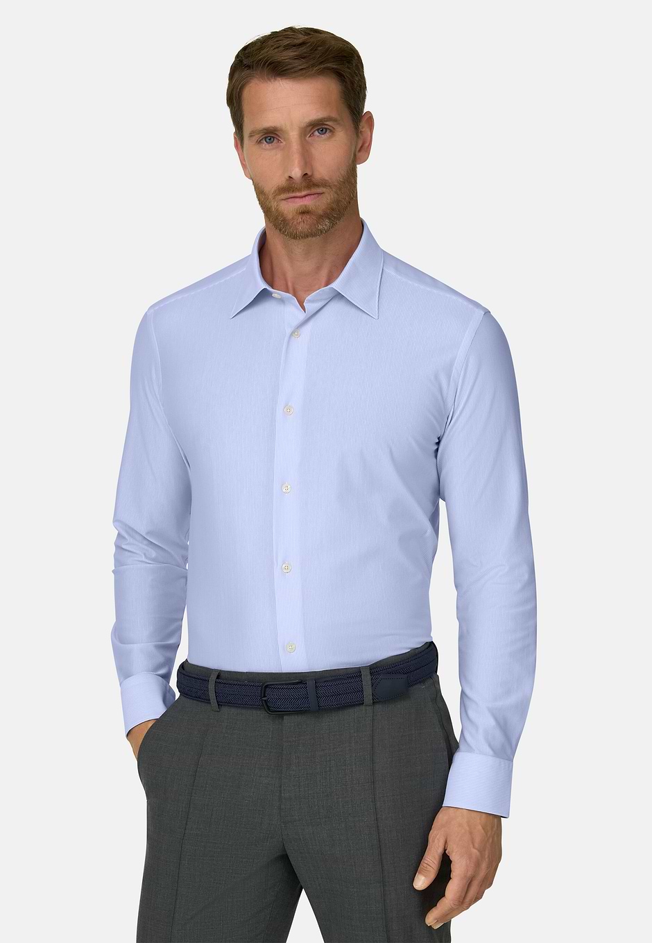 Camisa Polo a Rayas en Jersey Japonés Regular Fit, Azul claro, hi-res
