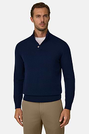 Roll Neck Jumper Buttons in Wool Cashmere, Navy blue, thumb, 1