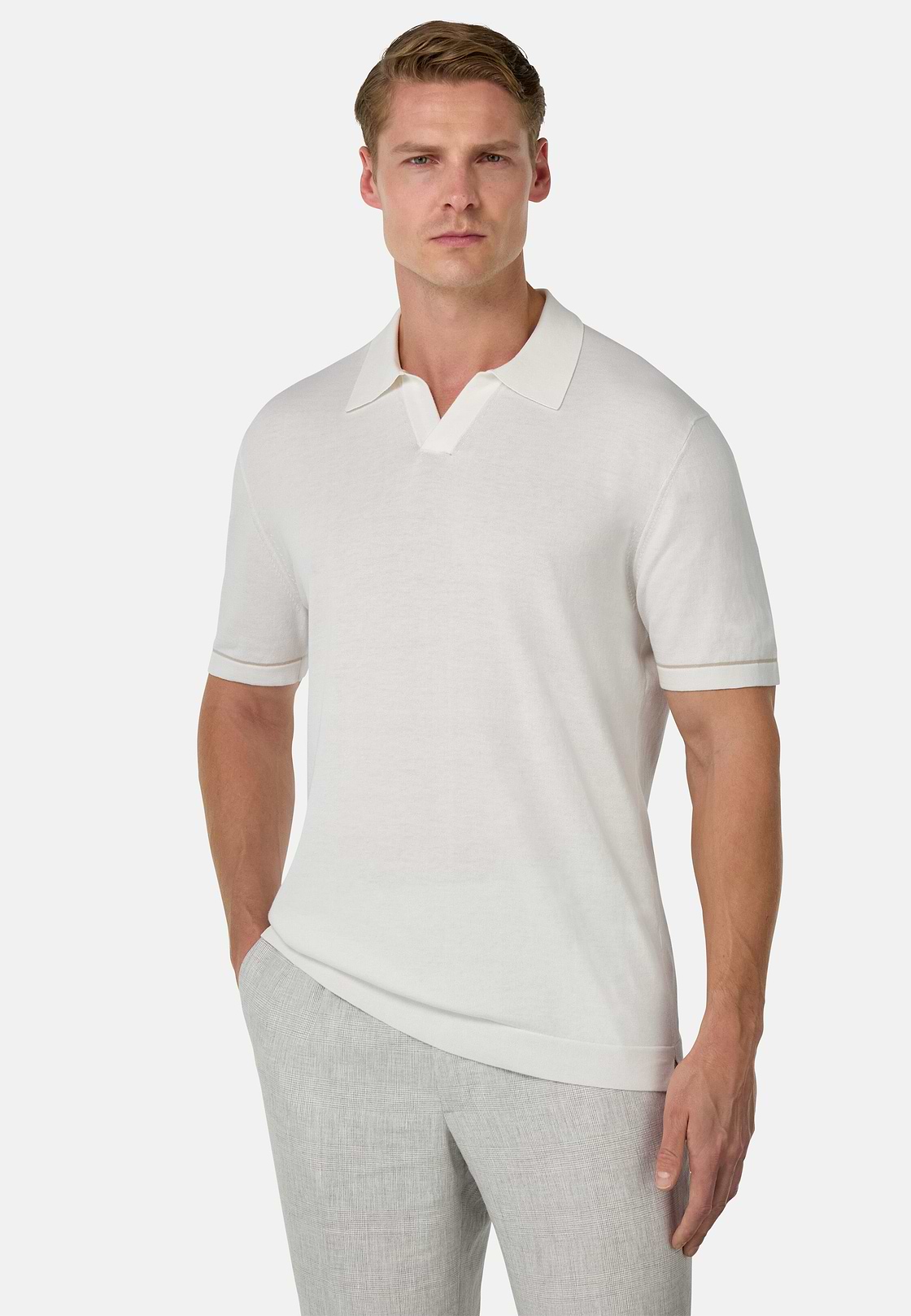 Cotton Crêpe Knit Polo Shirt, White, hi-res