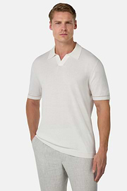 Cotton Crêpe Knit Polo Shirt, White, hi-res