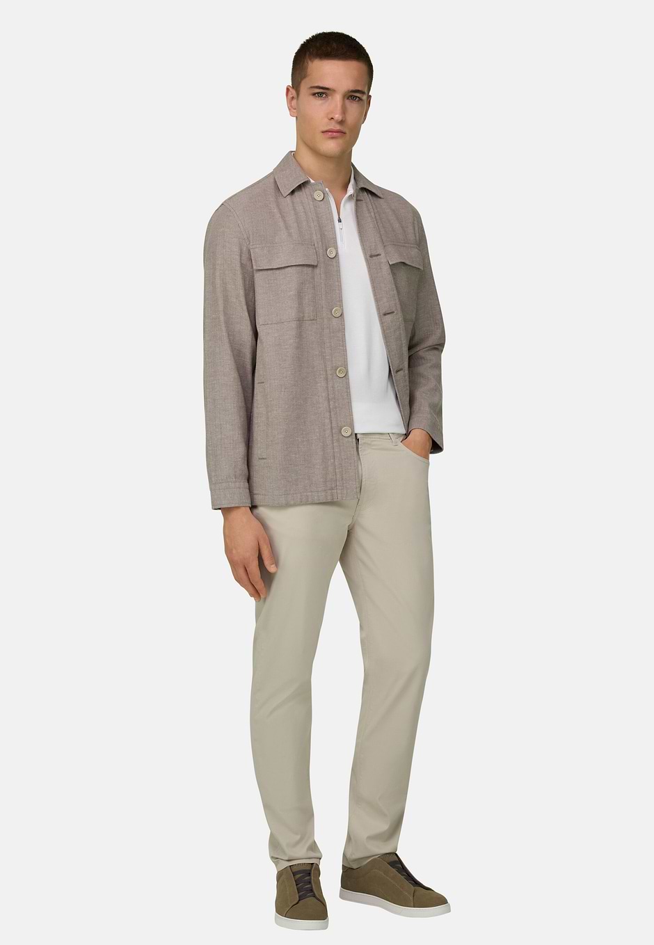 Herringbone Linen Cotton Shirt Jacket, Taupe, hi-res