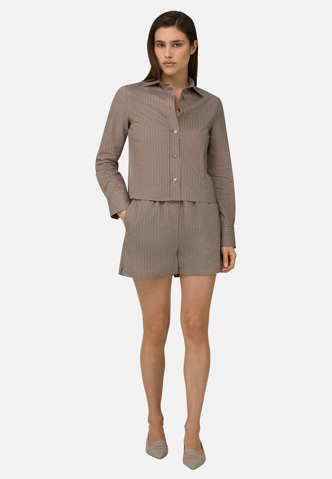 Camicia Gessata in Misto Lino E Cotone, Marrone, hi-res, 2
