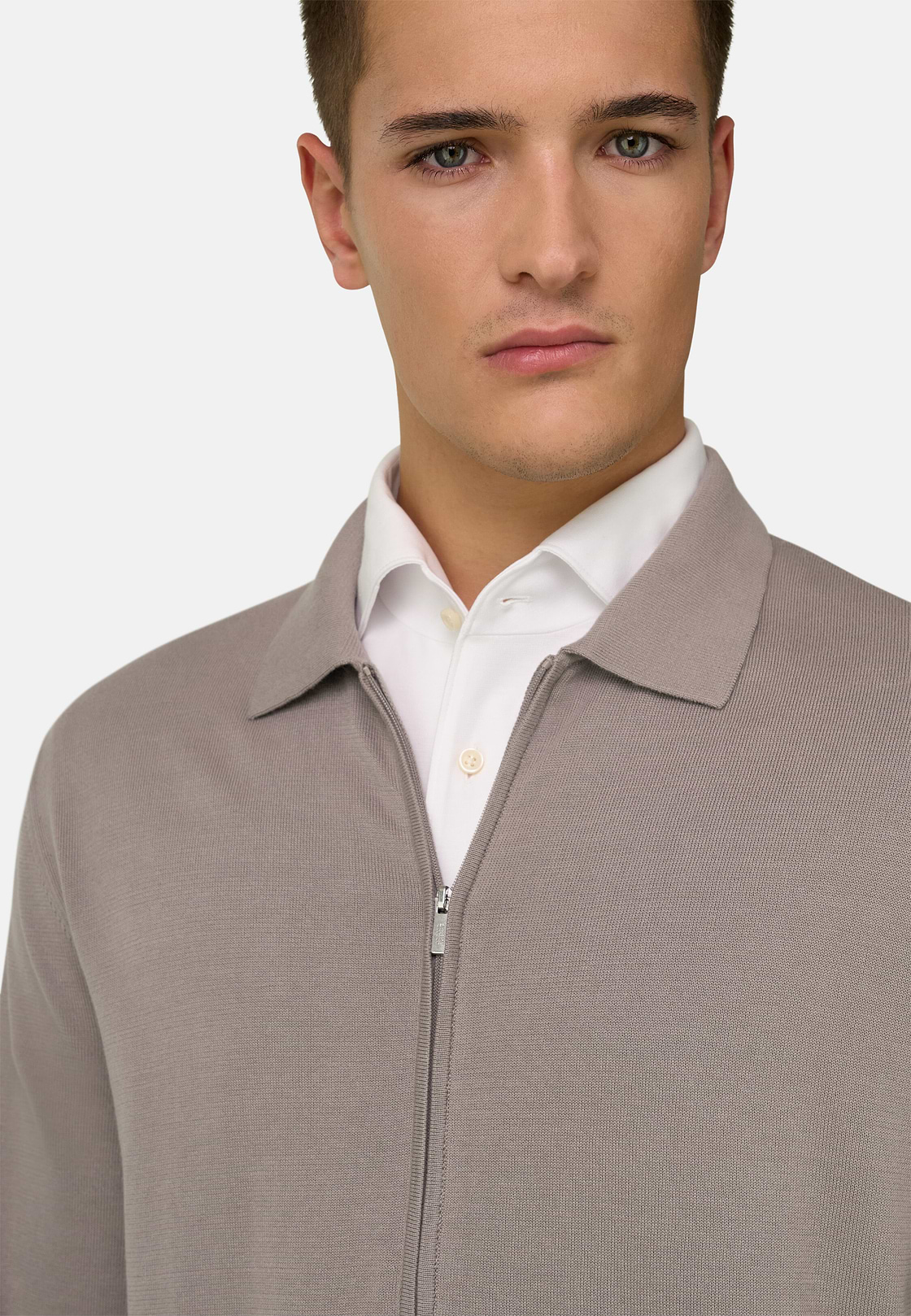 Cotton Full Zip Shirt Collar Sweater, Taupe, hi-res, 4