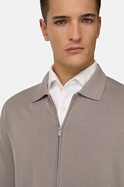 Cotton Full Zip Shirt Collar Sweater, Taupe, thumb, 4
