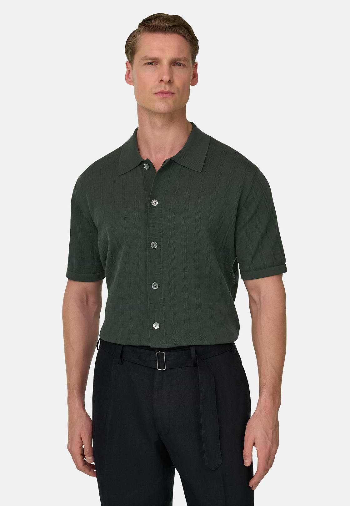 Knitted Shirt in 100% Organic Cotton, Dark green, hi-res, 1