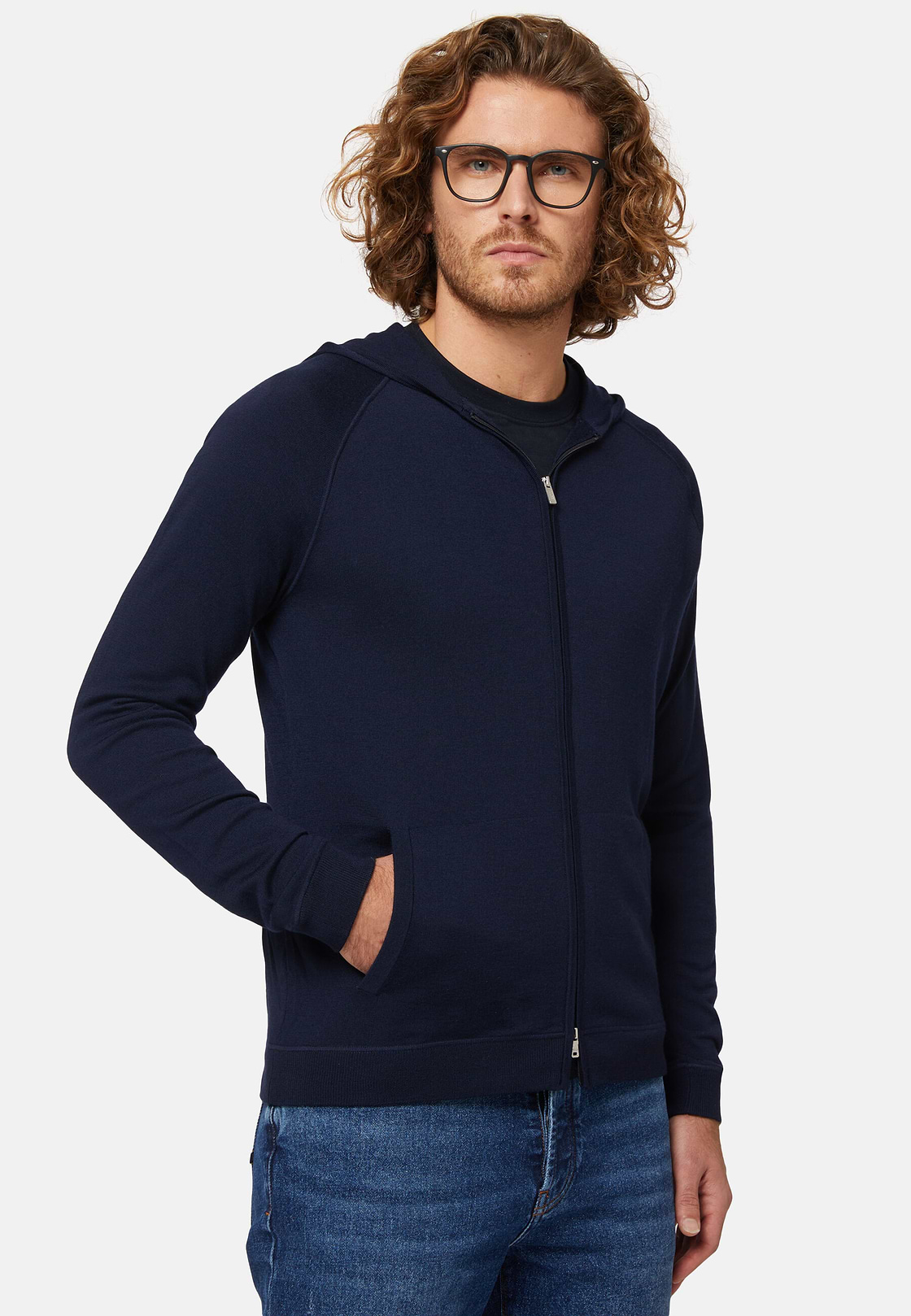 Navy Full Zip Hooded Jumper In Merino Wool, Navy blue, hi-res