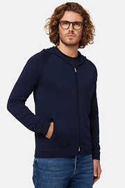 Navy Full Zip Hooded Jumper In Merino Wool, Navy blue, hi-res