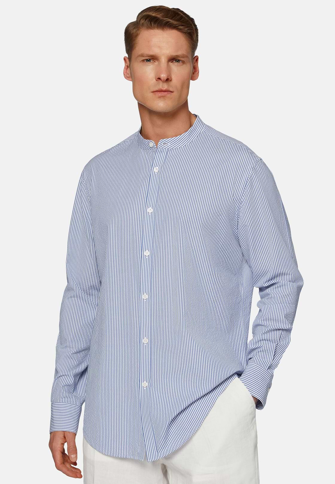 Chemise Bleu Clair À Rayures En Seersucker Coupe Droite, Bleu clair, hi-res