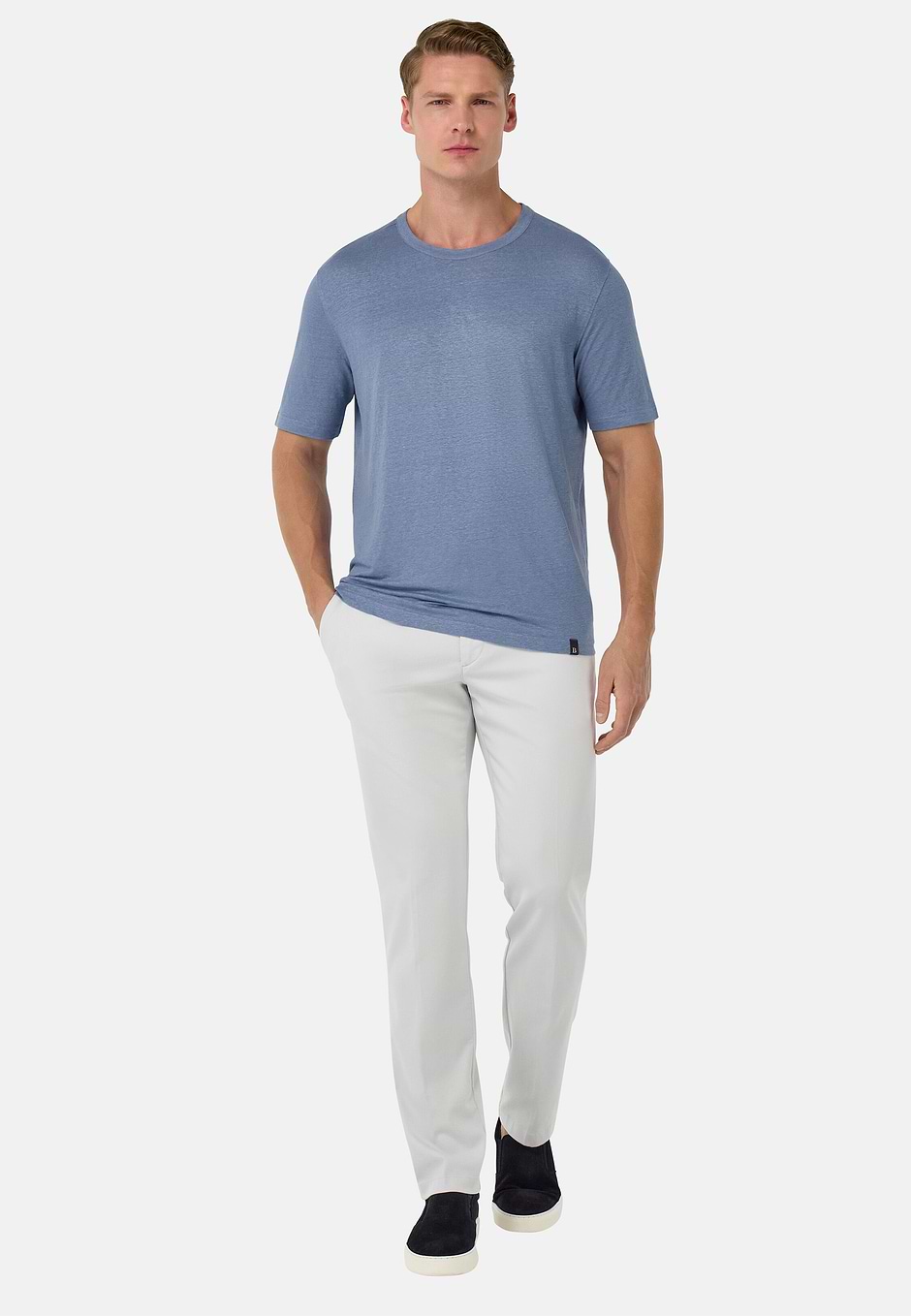 T-Shirt in Stretch Linen Jersey, Indigo, hi-res