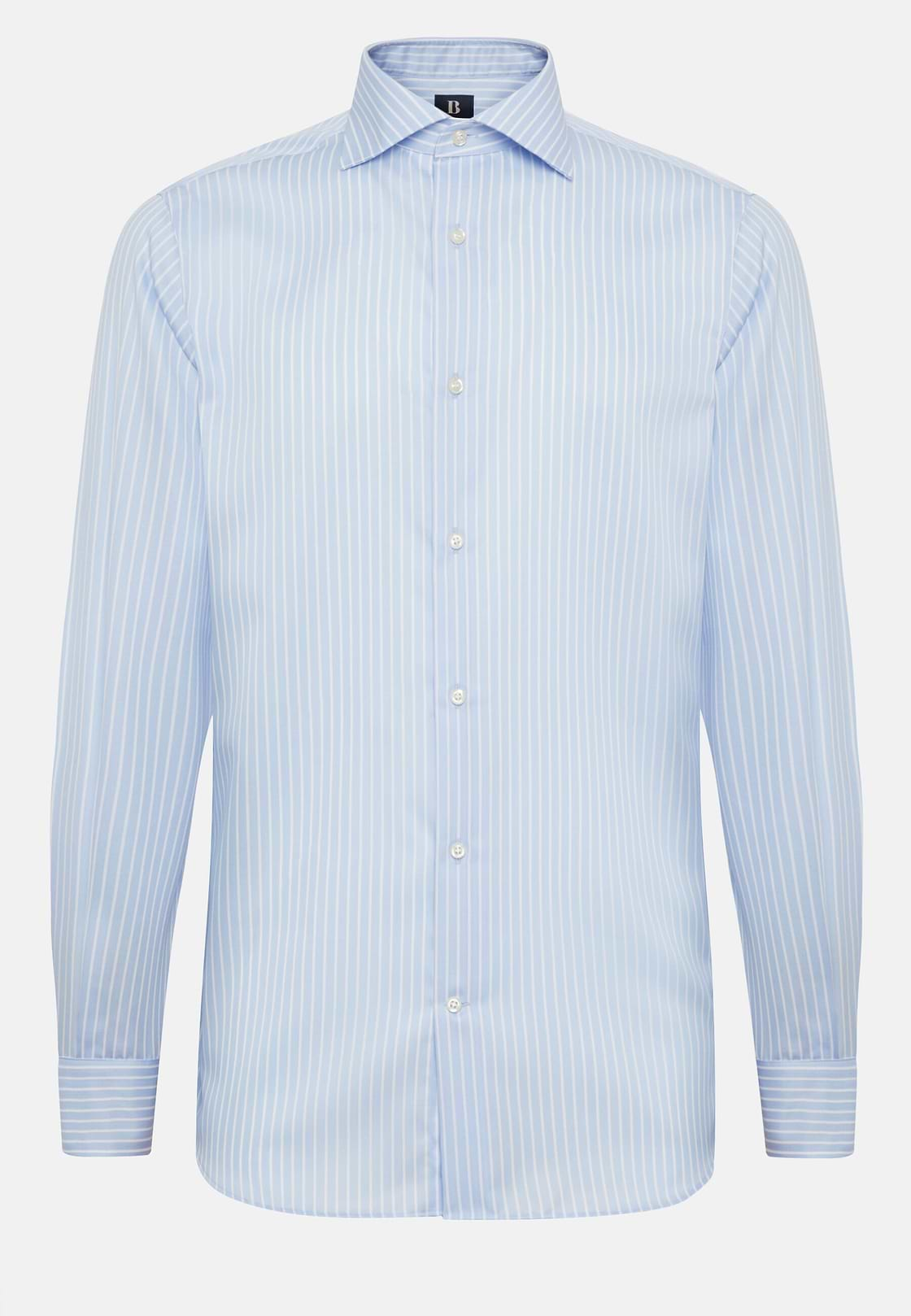 Regular Fit Sky Blue Striped Cotton Twill Shirt, Light Blue, hi-res