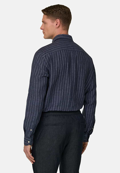 Koszula lniana, klasyczny fason, Navy blue, hi-res