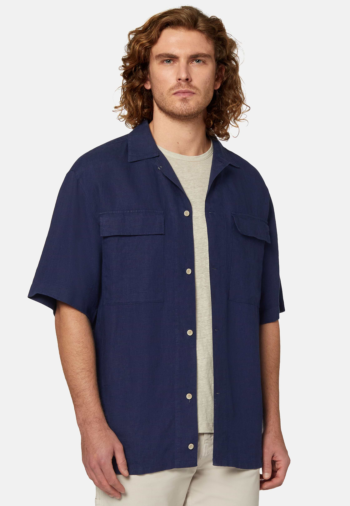 Navy Linen Camp Overshirt, Blue, hi-res