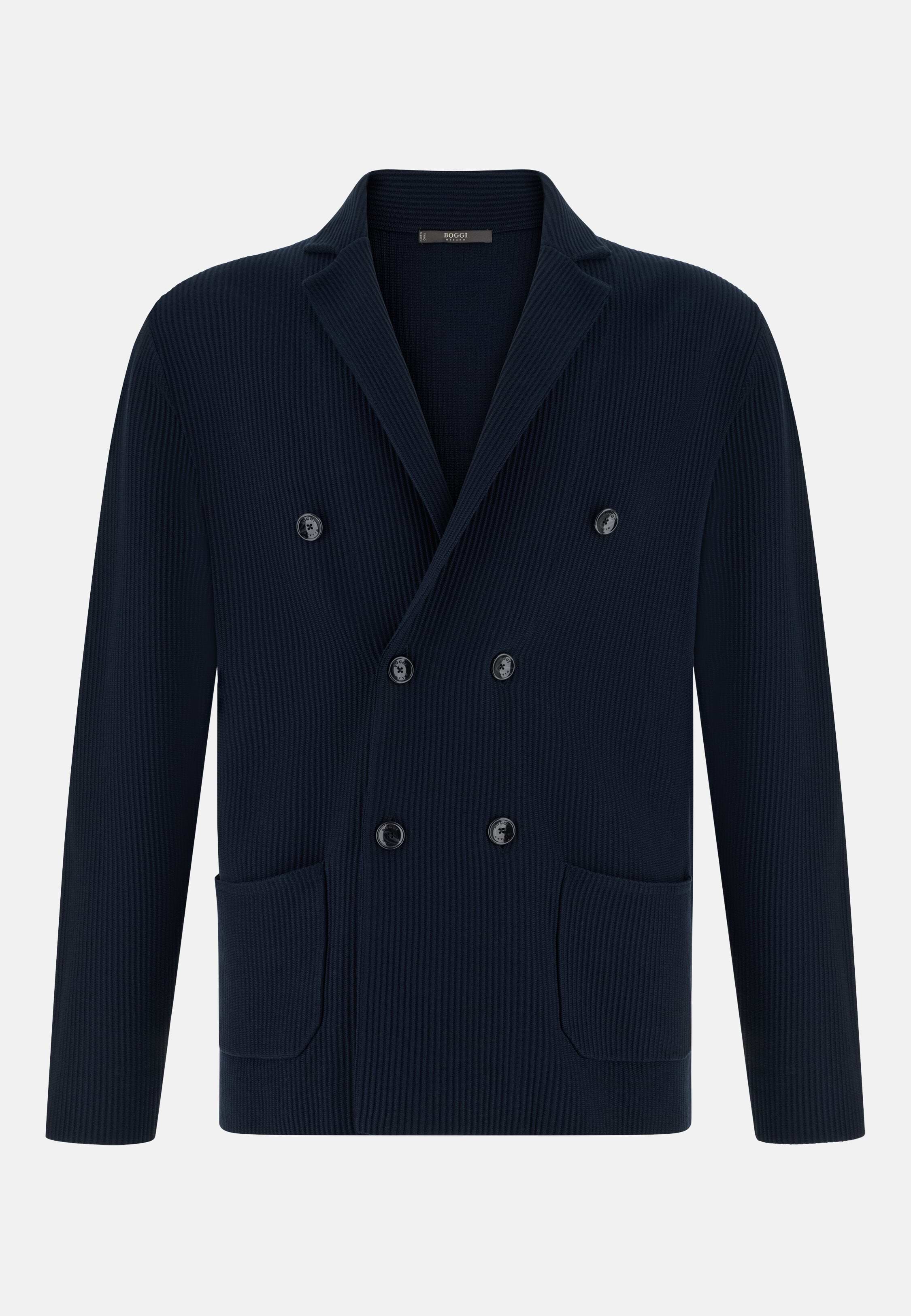 Men's Knitted Cotton Double-Breasted Jacket, Navy blue | Boggi Milano