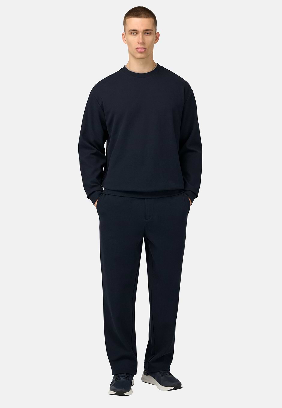Crew Neck Cotton Blend Sweatshirt, Navy blue, hi-res