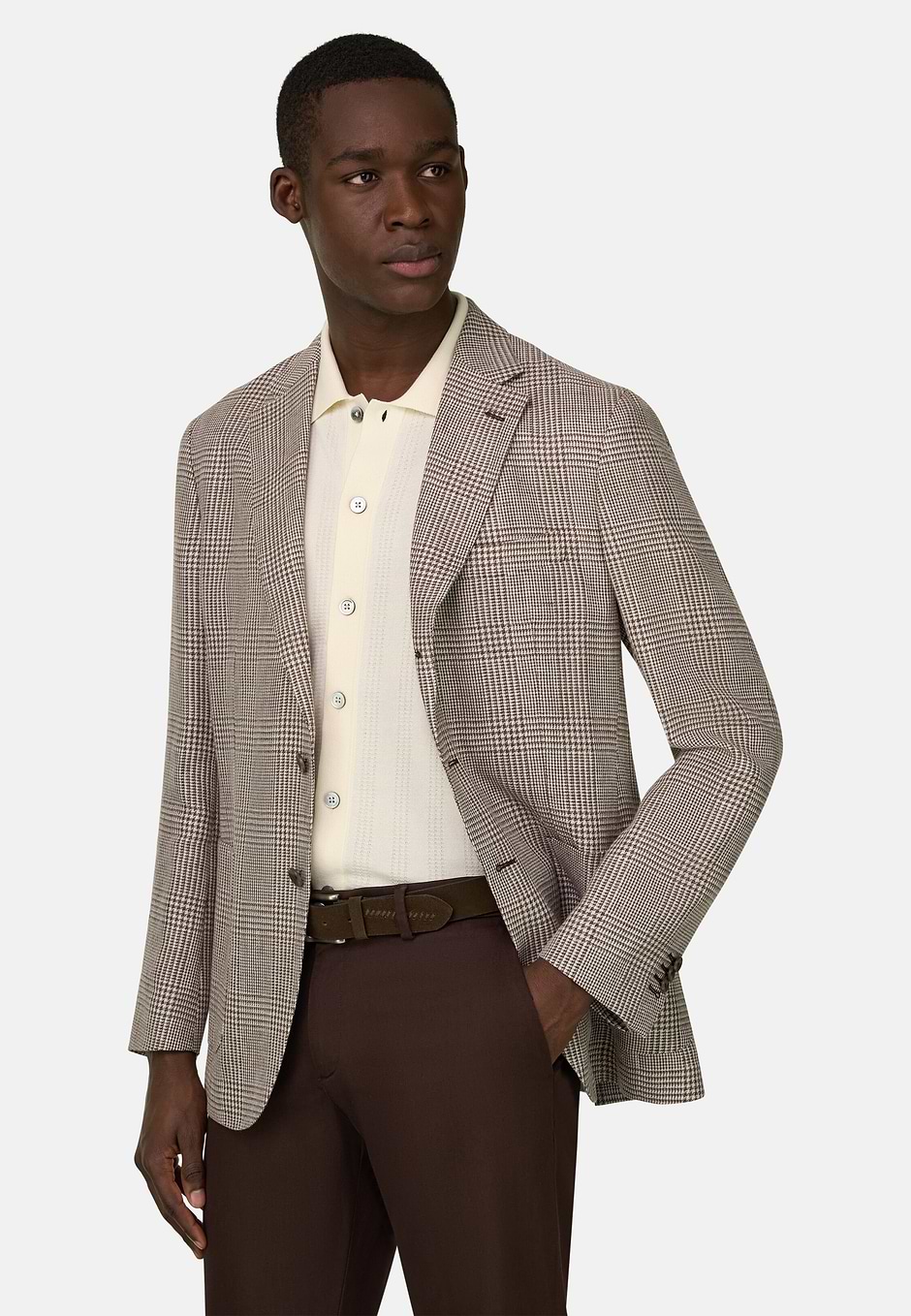 Prince of Wales Check Linen and Wool Jacket, Brown, hi-res