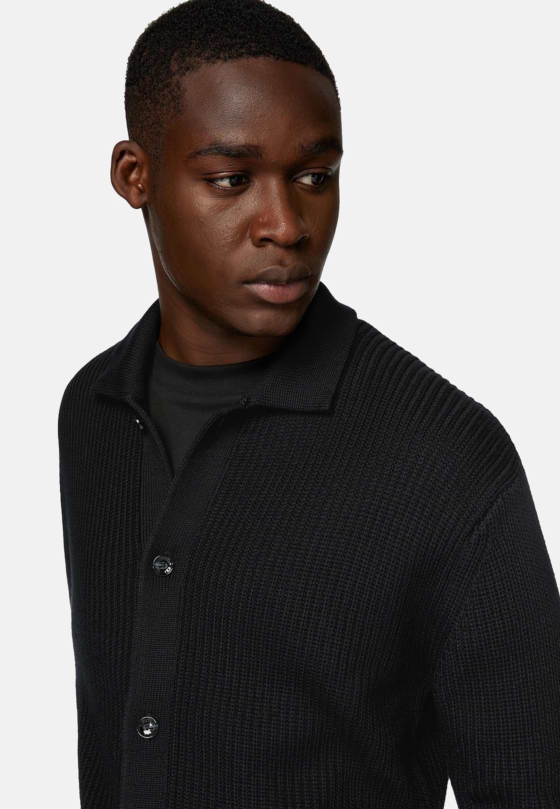 Cárdigan Negro Cuello Camisero De Lana Merina, Negro, hi-res